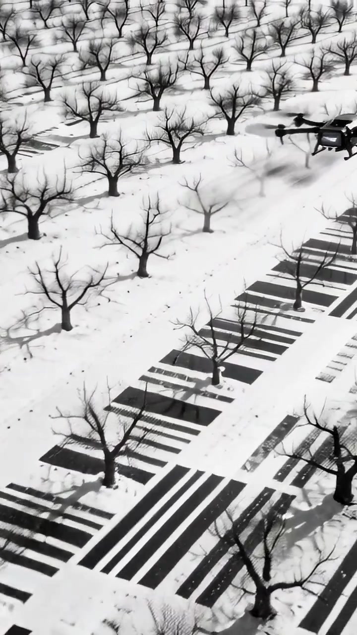 Verticale video: Rotorwind tilt sneeuw op, multirotor drone vliegt laag over boomgaardrijen, ruimte voor tekst.