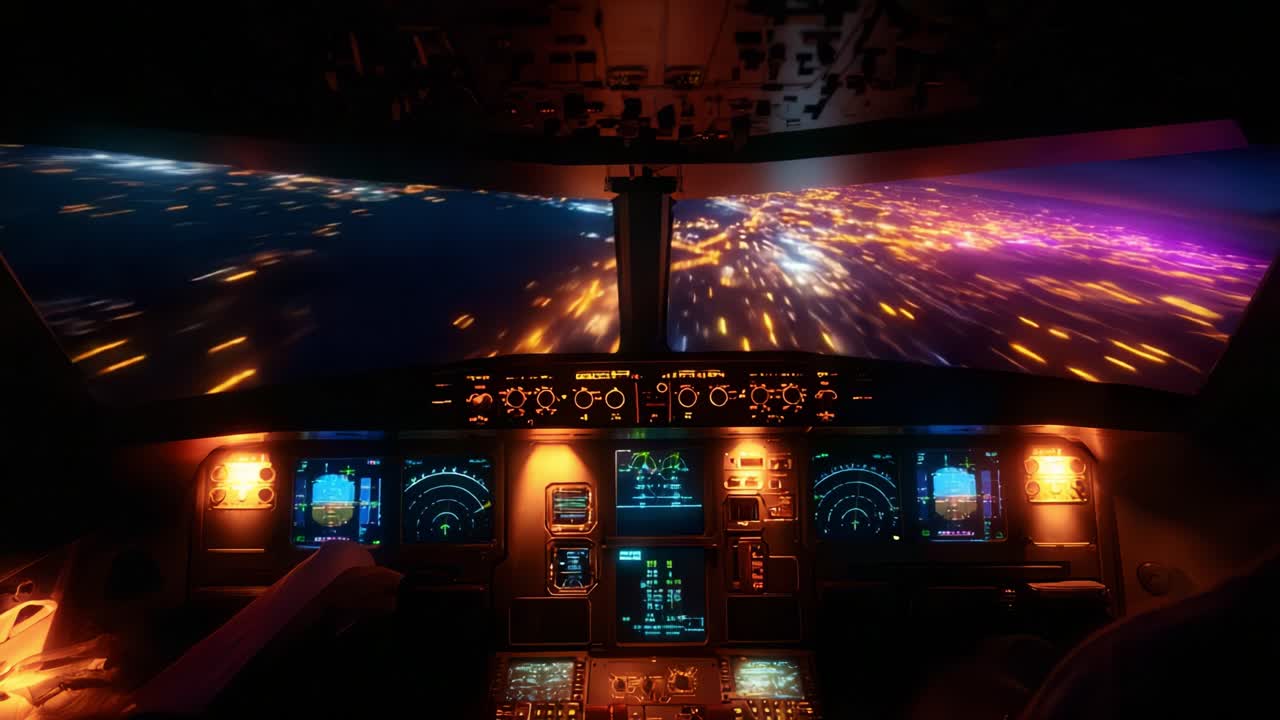 Immersive Cockpit View: Captivating Perspectives from an Aircraft Cockpit During Night Flight, Showcasing Dashboard Controls and City Lights Below