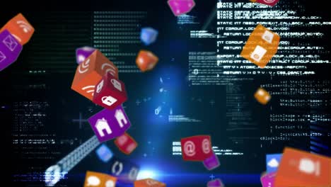 cubos coloridos que caen delante de los datos en movimiento