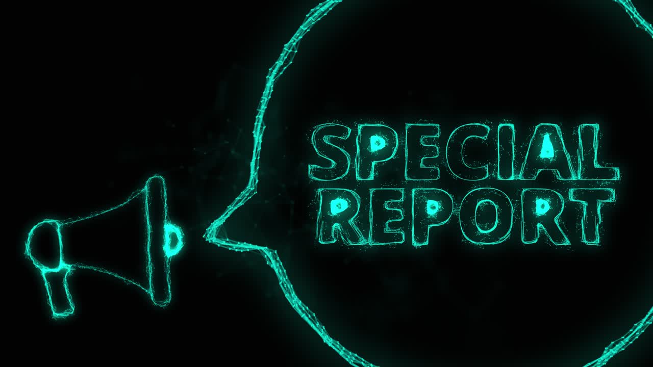 스피치 버블과 텍스트 스페셜 리포트와 함께 메가폰 배너. 녹색 반이는 점과 선의 플렉서스 스타일