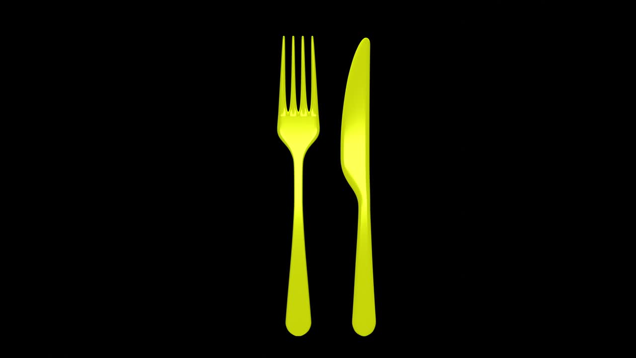 el tenedor y la cuchara amarillos están girando, aislados en fondo negro. video sin costuras en bucle, renderizado en 3d. concepto de cubiertos y utensilios de cocina.