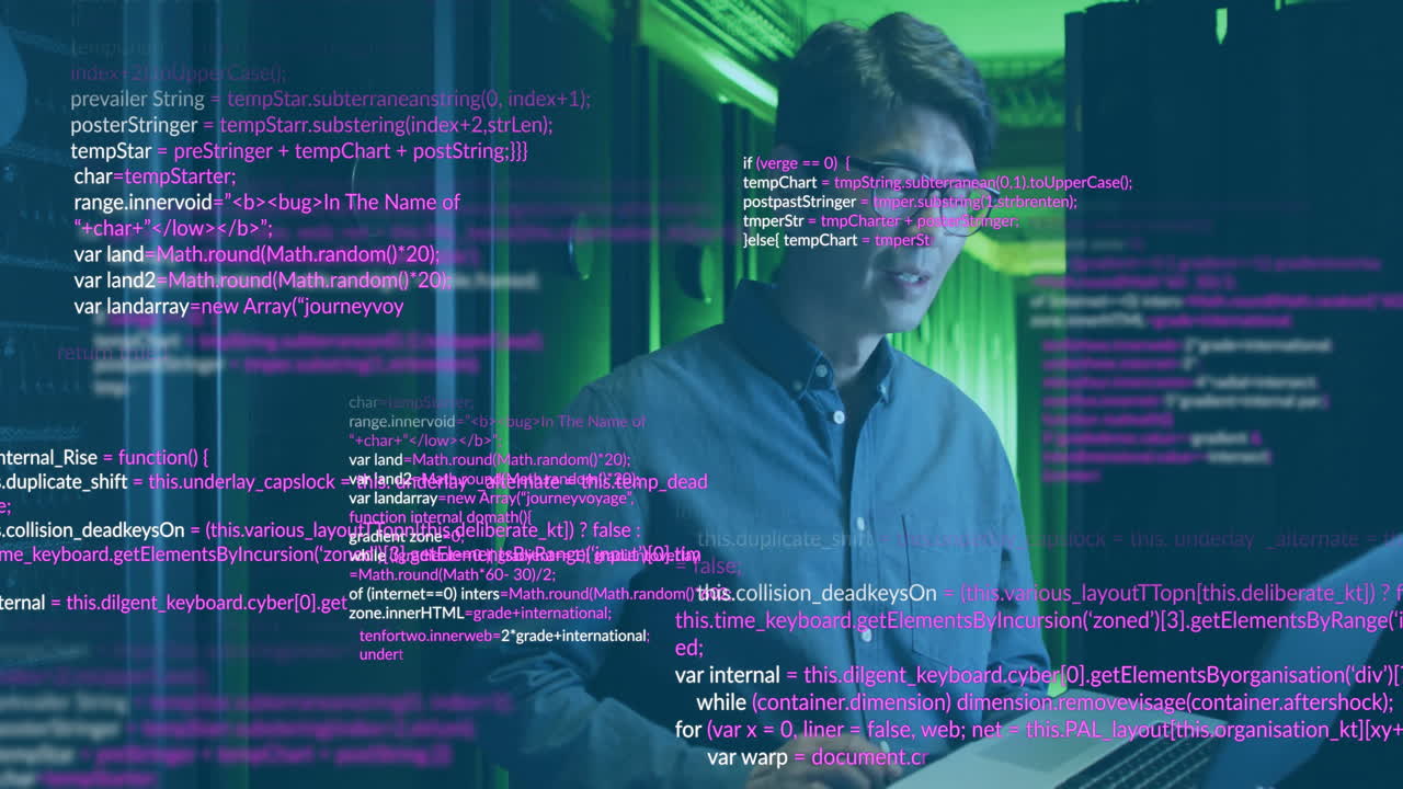 In office, person working on computer with code animation overlay on screen