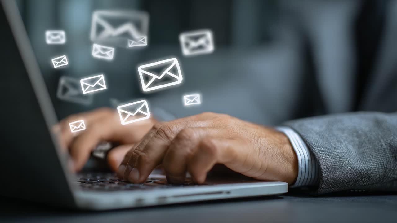 A person engaged in typing on a laptop with animated email icons suggesting active communication, highlighting the importance of digital correspondence and information exchange