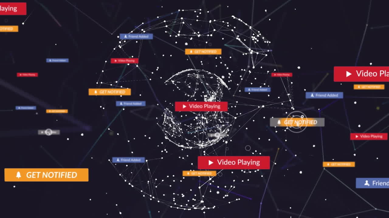 Animation of media icons and shapes over globe