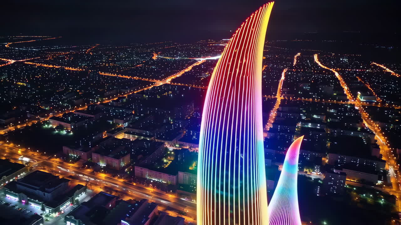 Aerial View of Illuminated City Tower at Night