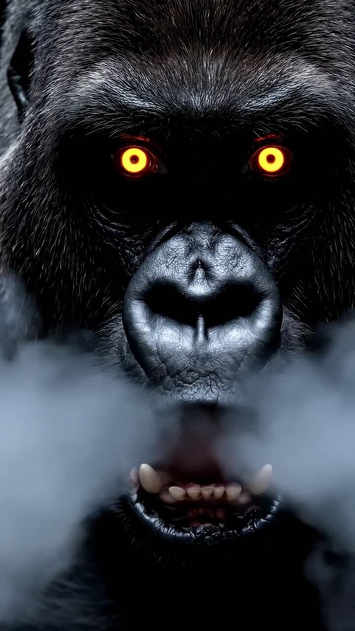 Primo piano drammatico di un gorilla con occhi luminosi, avvolto nella nebbia, in stile videogioco.