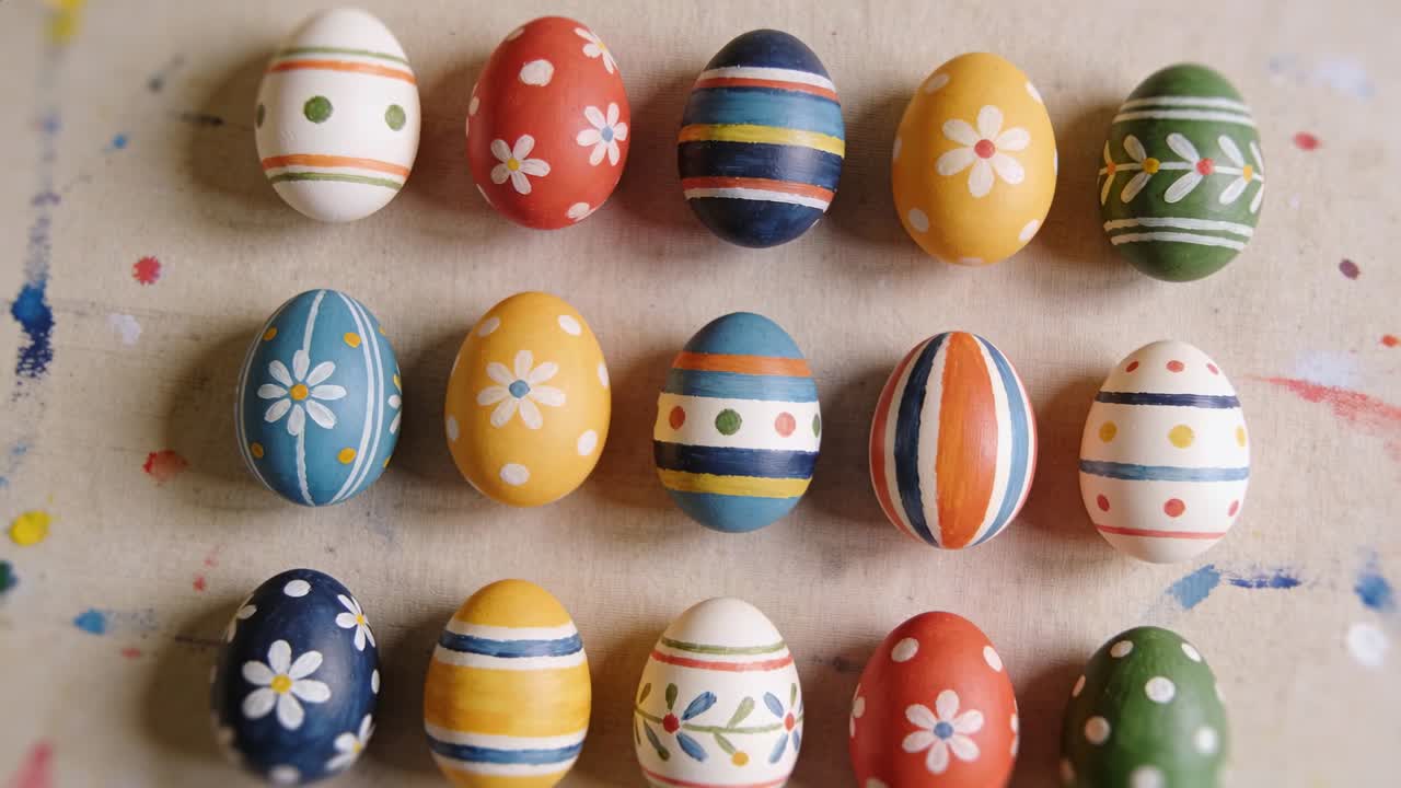 Shifting lens recentering and warming on cream paint-splattered paper, showing sixteen painted eggs