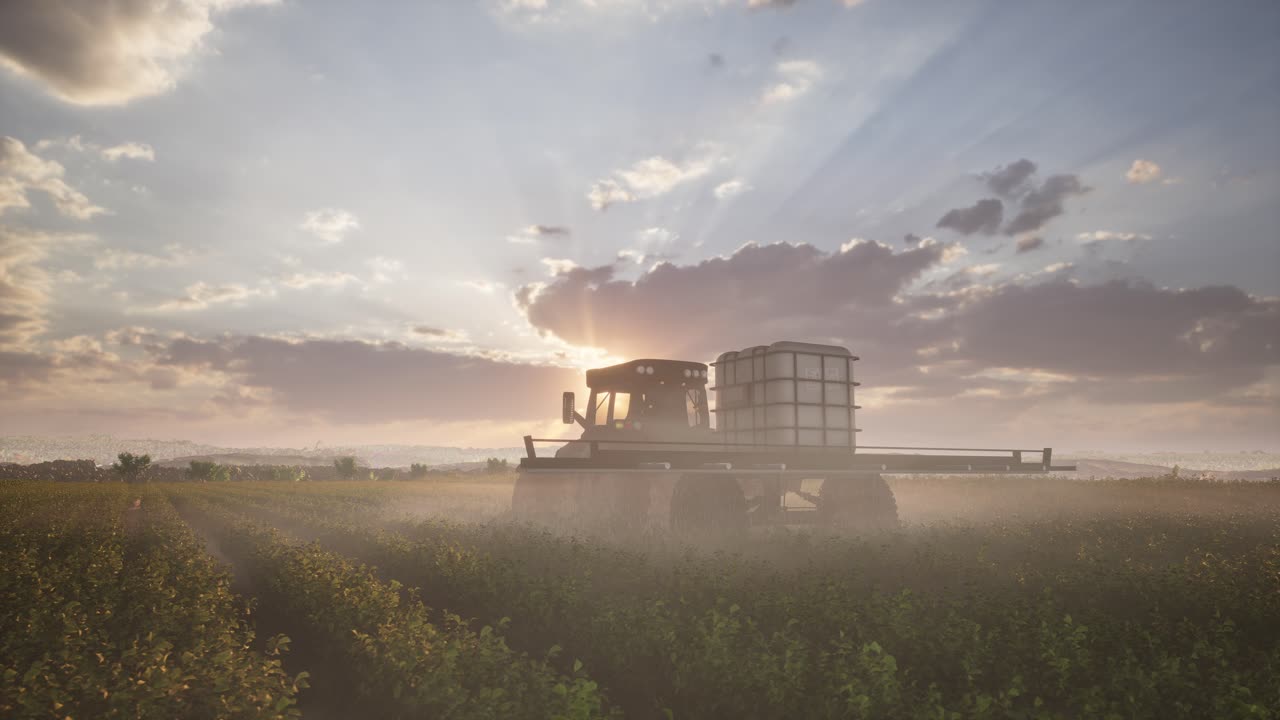 Landbrugstraktor pløjer og sprøjter på marken