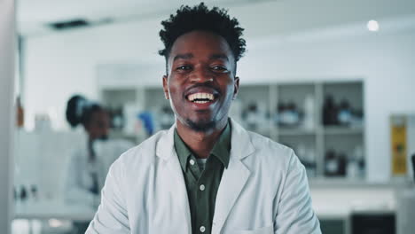 happy, face and black man scientist in laboratory
