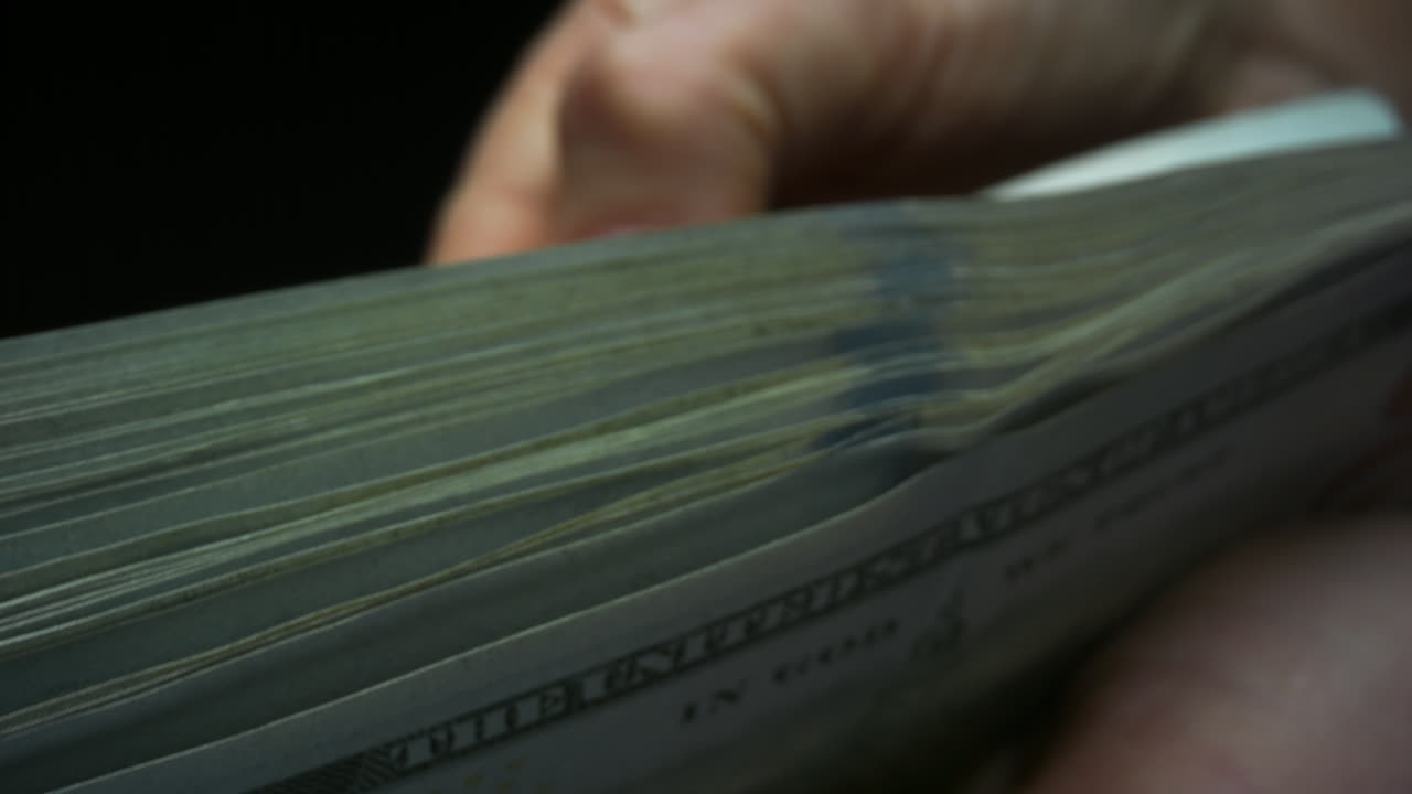 손에 현금 돈을 즐기는 여성. 달러 지폐를 계산하는 비즈니스 여성