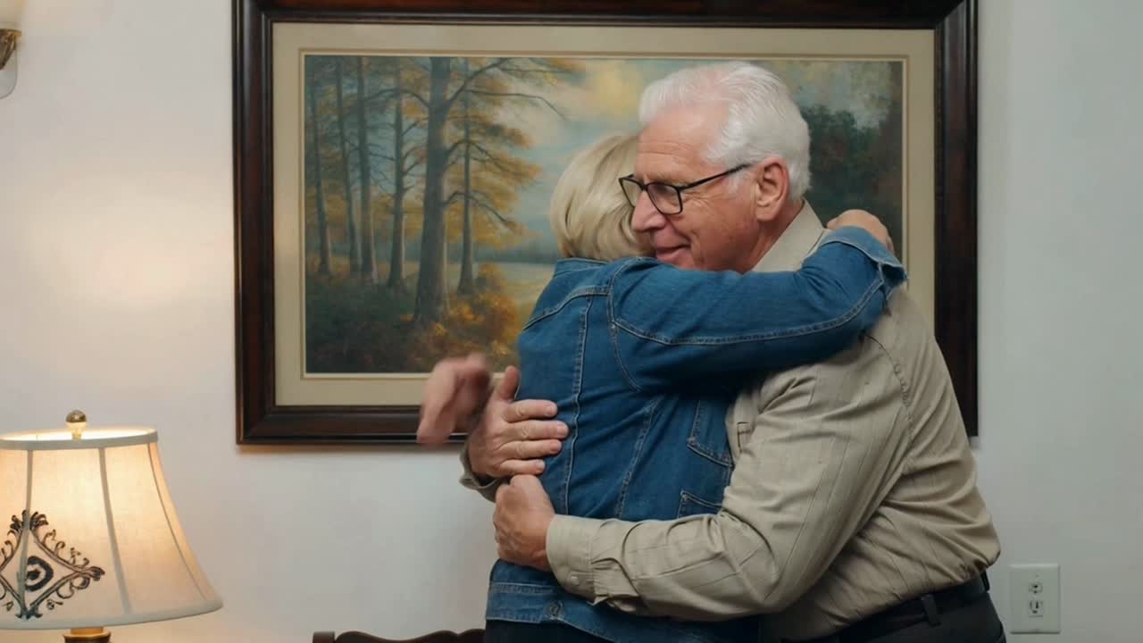 Elderly Couple Hugging in Front of Painting