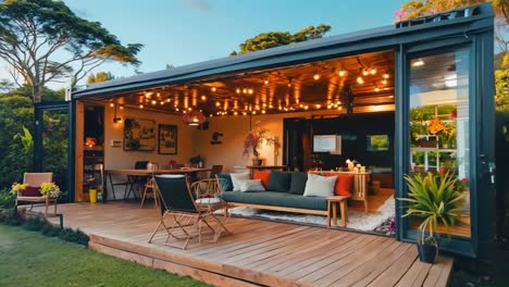 a patio with a couch, table and chairs in the backyard of a shipping container