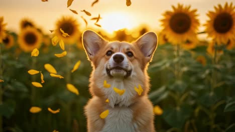 a joyful corgi in a vibrant sunflower field captures the essence of happiness as petals dance in the golden light of a magical evening