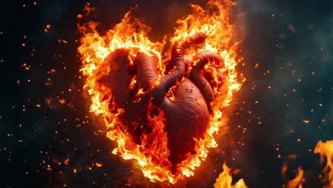 un corazón en llamas sobre un fondo negro