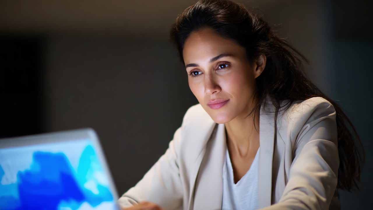 Focused Professional Engaged in Digital Work, Deep in Thought While Analyzing Data on Her Laptop Screen, Creating Innovative Solutions in a Modern Office Environment at Night