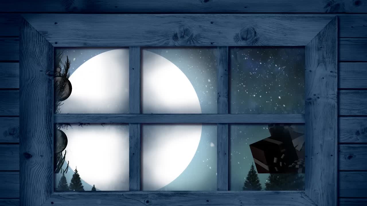 marco de ventana de madera contra santa claus en trineo siendo tirado por renos sobre el paisaje de invierno