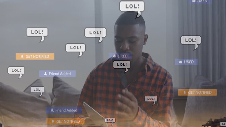 Animation of lol text in message boxes, texts in notification bars, african american man with tablet