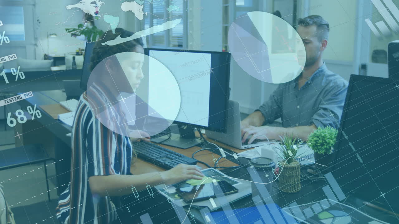 Animation of financial data processing over diverse business people in office