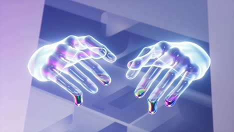 glowing abstract hands with iridescent drops