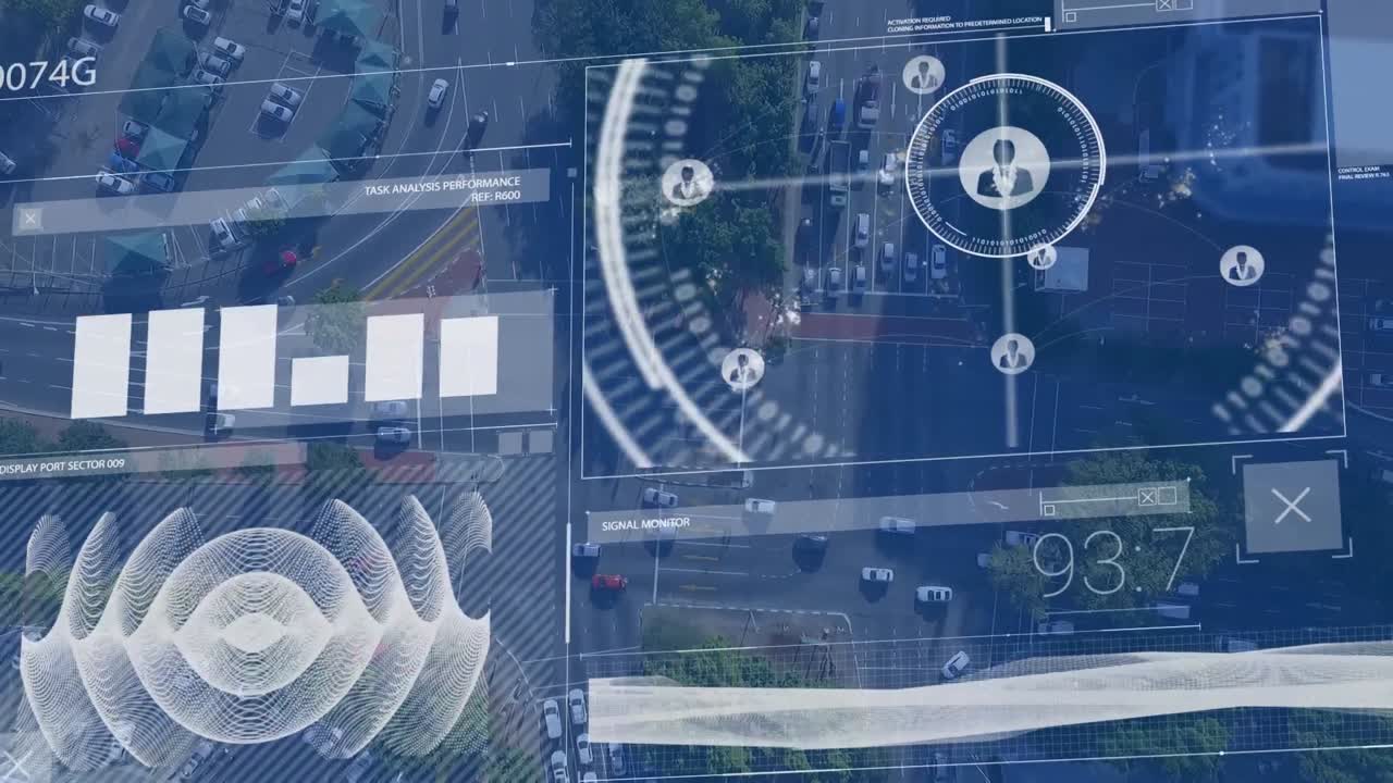 animación del procesamiento de datos financieros sobre el paisaje urbano