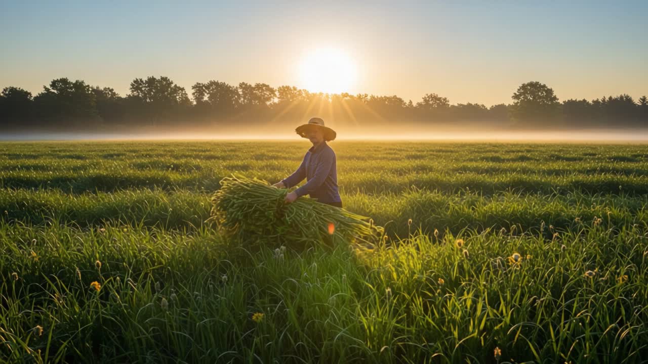 Nascer do Sol Sobre os Campos: Um Agricultor Colhendo a Safra Enquanto a Névoa Matinal se Dissipa, Iluminado pelo Sol Radiante em uma Paisagem Agrícola Serena