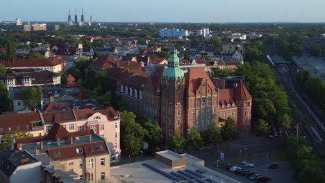 Beautiful-aerial-top-view-flight-,-Historic-school-building-Berlin-city-Germany-in-Europe,-summer-day-2023