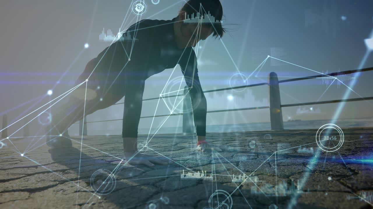 연결 네트워크의 애니메이션과 데이터 오버  ⁇ 트 백인 여성이 기지에서 푸시업을하고 있습니다.