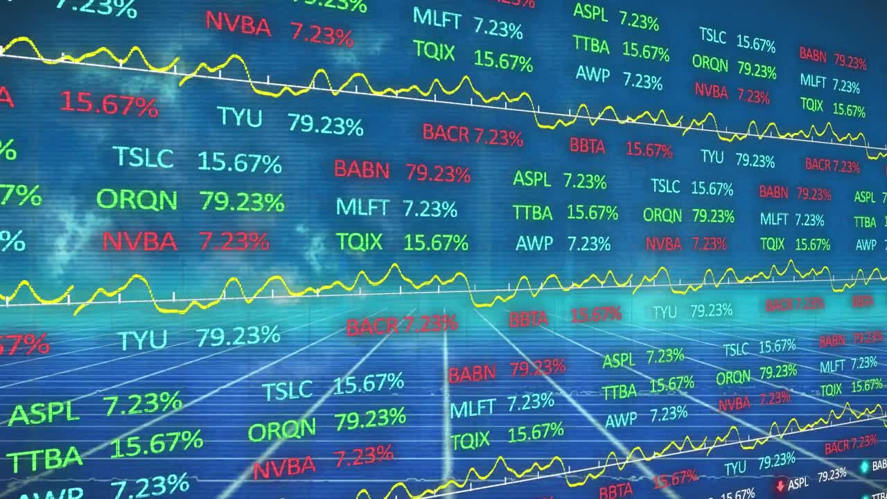 青い背景に金融データ処理と線のアニメーション。
