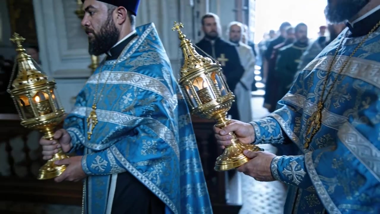 Una porta aperta invita un prete barbuto che porta una lanterna d'oro a guidare una processione attraverso la navata in vesti blu.