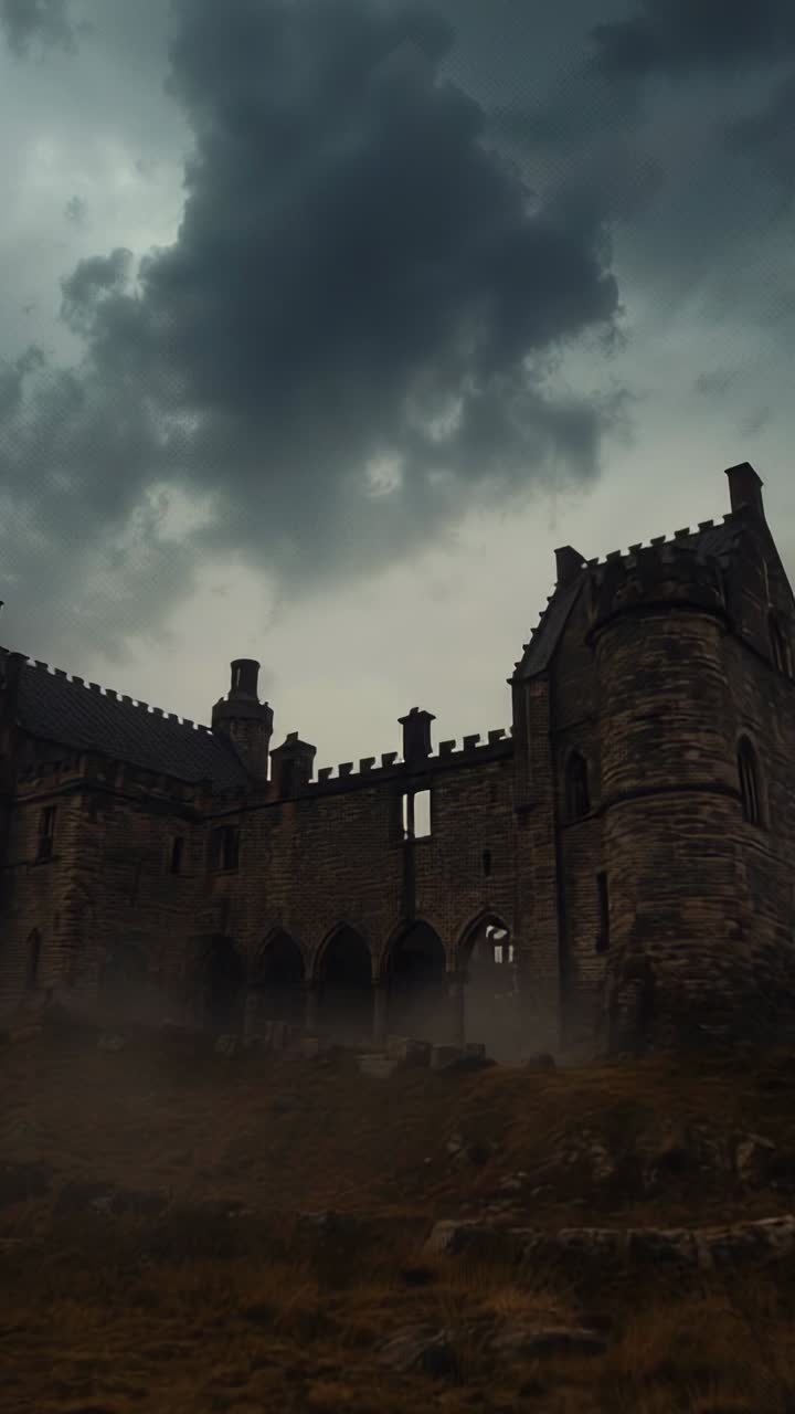 Vertical video: Drifting storm clouds causing mist swirling over castle courtyard on rocky hillside
