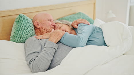 senior, cuddle and happy couple in bed