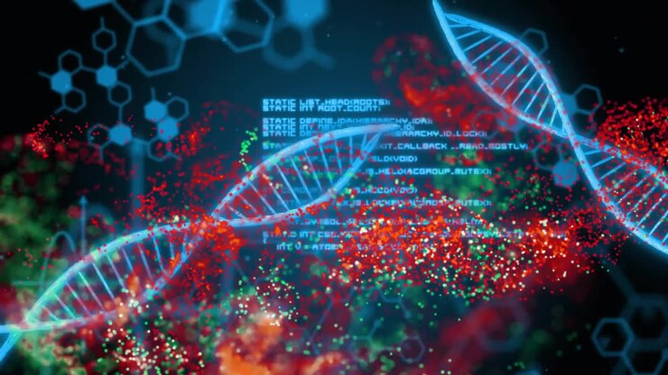spiraling blue DNA helix entering view swirling red green particles showing molecular interactions