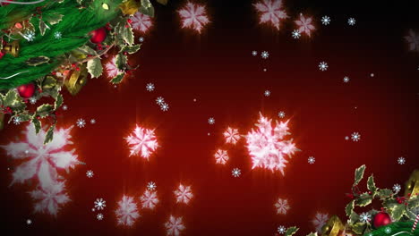 Animación-De-Adornos-Navideños-Sobre-Copos-De-Nieve-Brillantes-Sobre-Fondo-Rojo-Con-Espacio-Para-Copiar