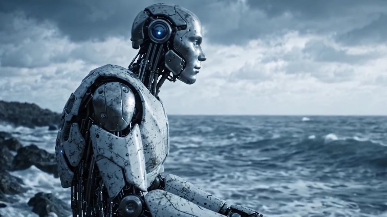 Un robot contemplativo sentado junto al océano, reflexionando sobre la existencia entre las olas rompiendo y cielos nublados, fusionando tecnología y la belleza natural.
