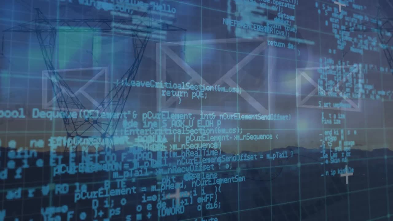 animazione dell'elaborazione dei dati e delle icone su piloni e paesaggio