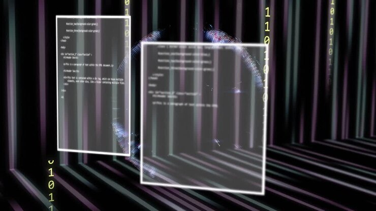 Animation of binary coding and data processing over globe