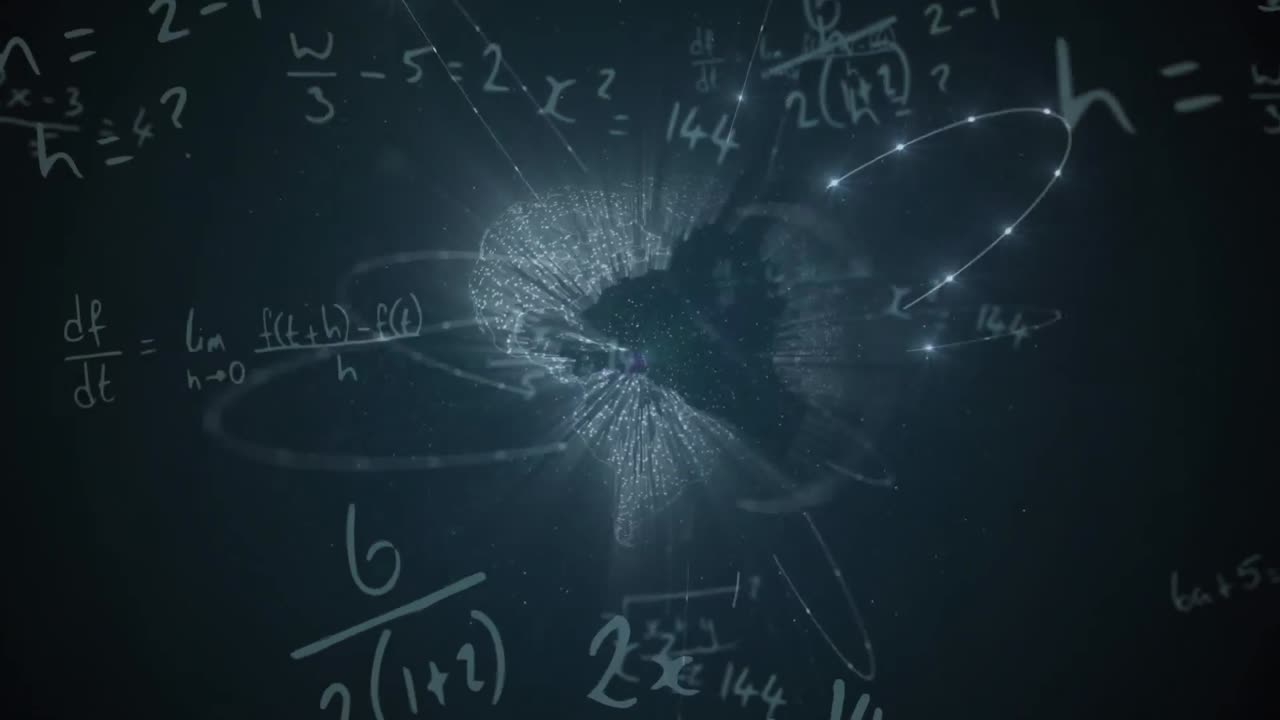 animación de fórmulas matemáticas flotando sobre un globo brillante sobre un fondo azul