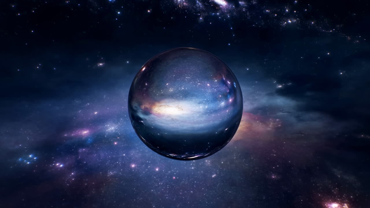 Sfera di cristallo scintillante che fluttua sopra un campo stellare. La sfera di vetro riflette una galassia e una nebulosa distanti, surreale.