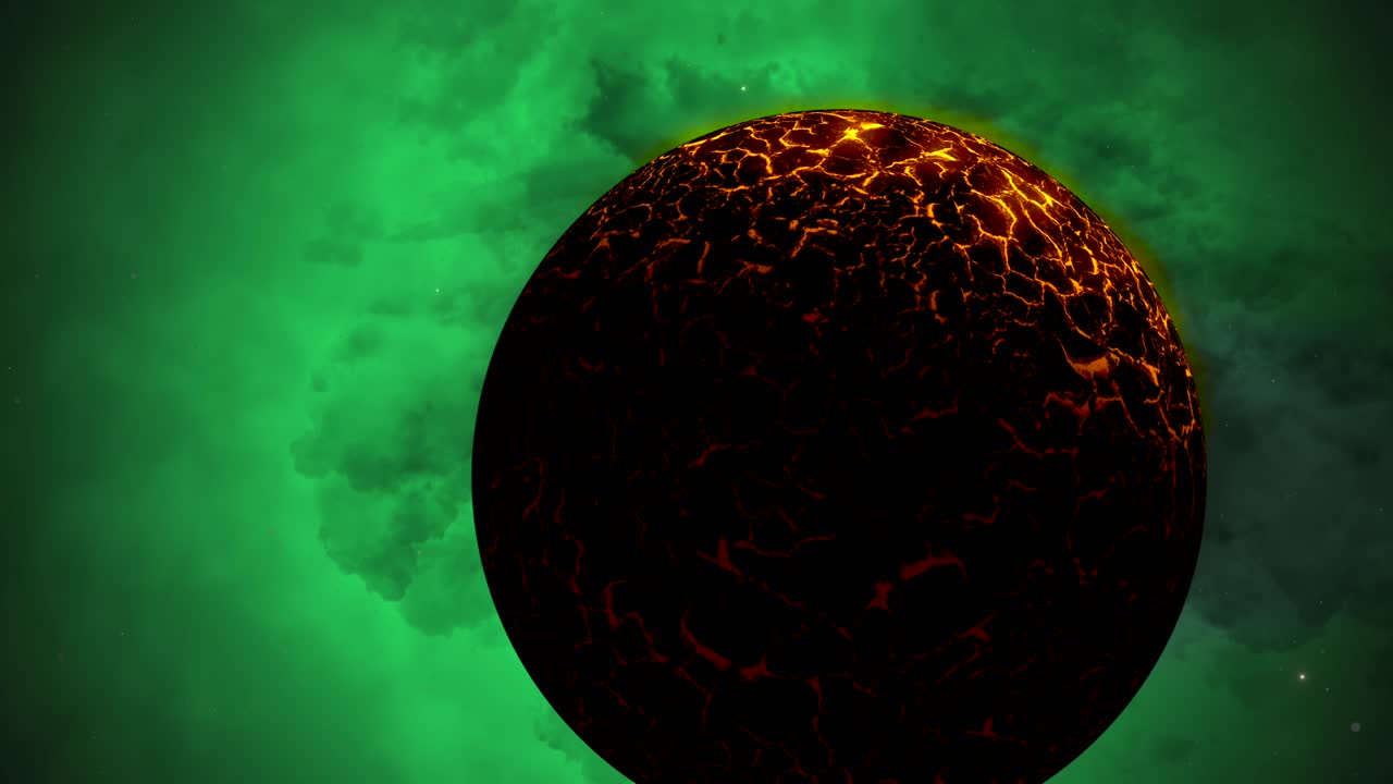 zoom cgi por el sol como un planeta alienígena frente a la nebulosa verde, espacio, vista amplia