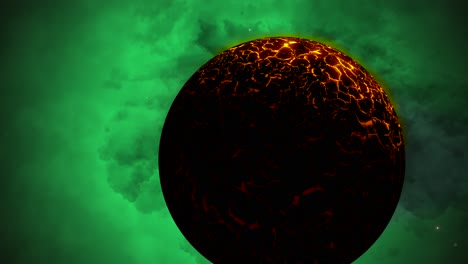 CGI-Zoom-in-by-sun-like-alien-planet-in-front-of-green-nebula,-space,-wide-view