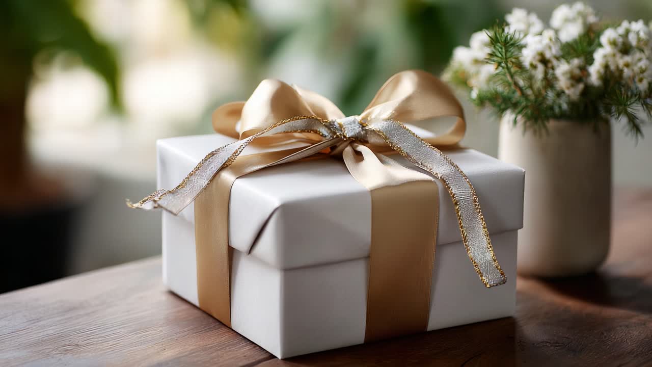 Elegante confezione regalo con un bellissimo fiocco e una composizione floreale decorativa in un ambiente interno luminoso, perfetta per celebrare occasioni e momenti speciali