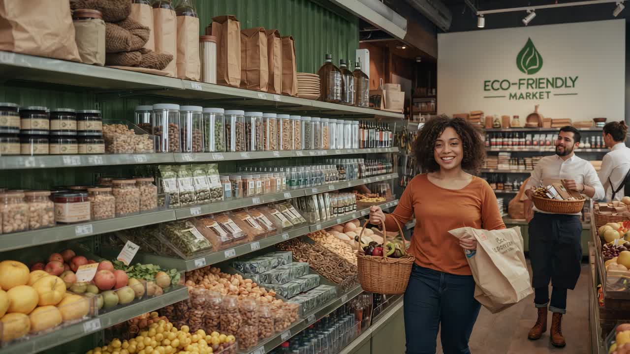 Entering aisle, walking woman in orange-top carrying basket and reusable bag shopping at Eco Market