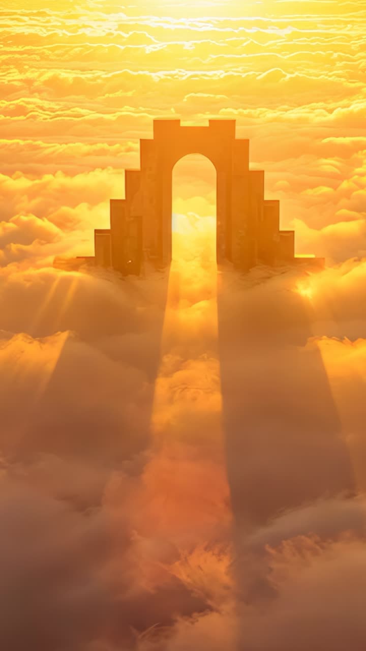 Vertical video: Starting slow camera ascent revealing arch above golden clouds, casting sunbeam