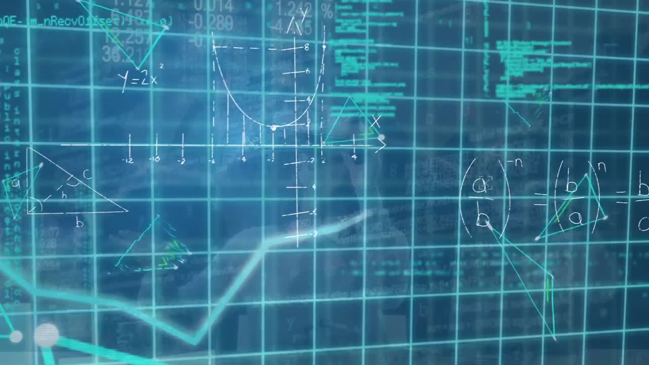 Animation of data processing over caucasian businesswoman using vr headset