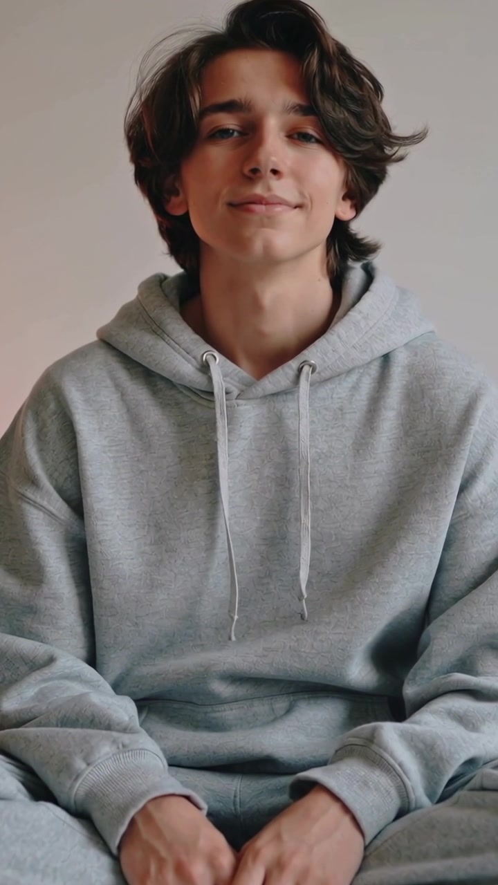 Video verticale: Registrazione di un adolescente seduto/a che inclina la testa e sorride in una stanza, indossando una felpa con cappuccio grigia.