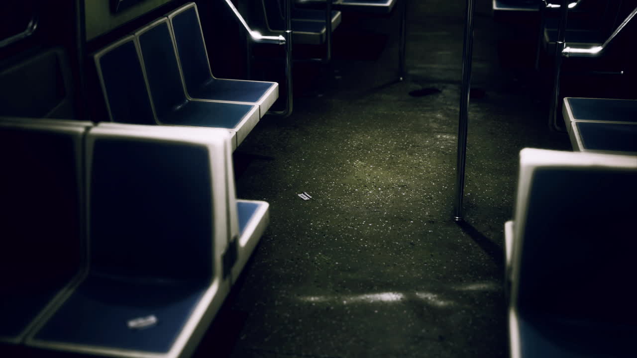 Empty subway train interior with blue seats and dark atmosphere