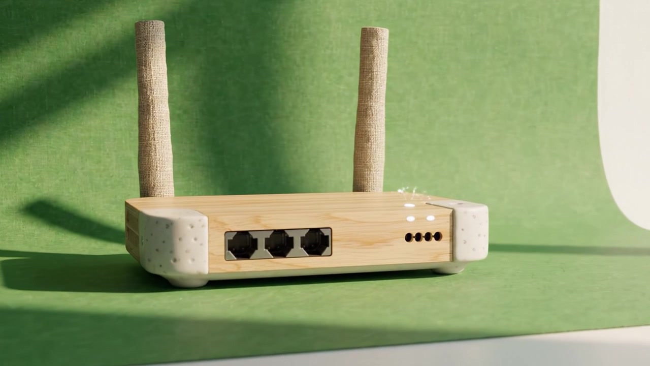Stylish Wireless Router with Wooden Antennas Set Against a Vibrant Green Backdrop, Perfect For Modern Home Networking Needs and Interior Aesthetics