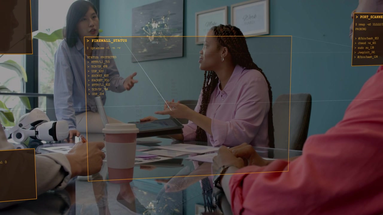 Seated woman tapping tablet and speaking at glass table, AR HUD showing PORT_SCANNER guiding fixes