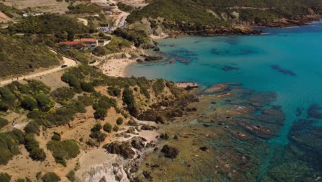 Sardinia-paradisiac-coast-beaches-in-Masua,-Nebida,-aerial-drone-view,-sunny-day