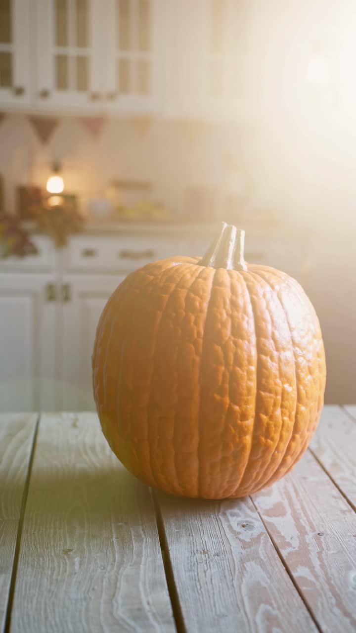 A pumpkin on a wooden table in a sunlit kitchen, captured in a warm, soft-focus video style